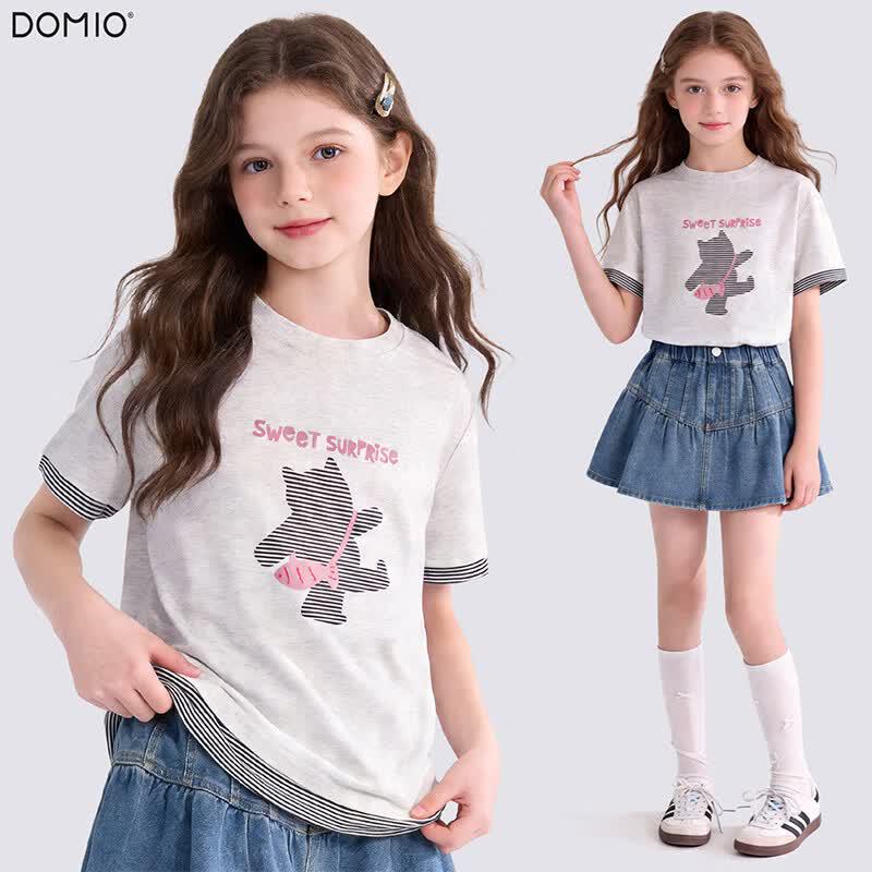 Duomiaowu Girls' Summer Faux Two-Piece Short Sleeve T-Shirt
