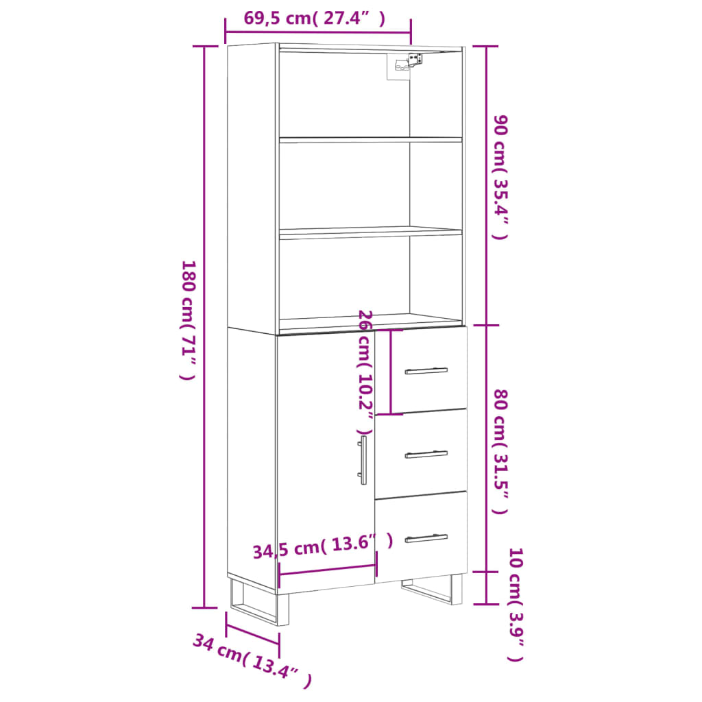 Highboard Gray Sonoma 69.5 X 34 X 180 Cm Particleboard