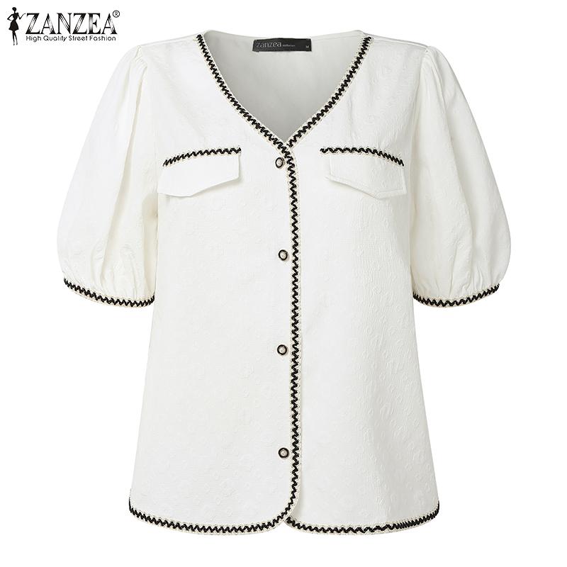 ZANZEA Elegant Women Short Sleeve Stitching Hem Buttons Casual Cropped Blouse