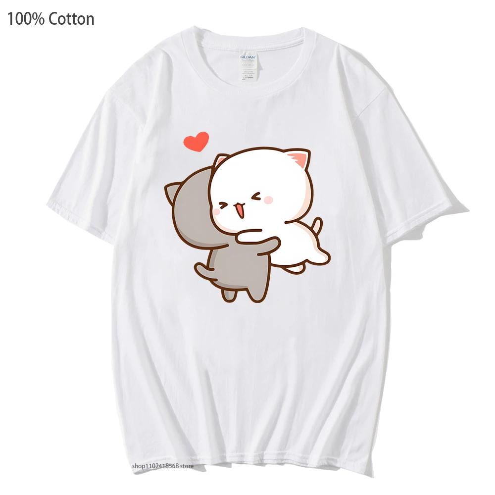 Peach and Goma Mochi Cat Love T-Shirts Women Kawaii Cartoon Tshirt for Girls Casual Short Sleeve Cotton Fashion Men Tops