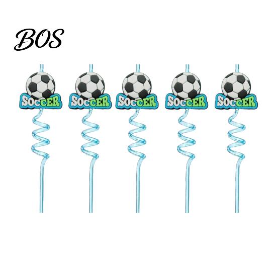 Reusable Plastic Straw 5Pcs Colorful Soccer Spiral Straws, Drinking Straws for Birthday Party Party, Football Theme Celebration Beverage Decor Unique