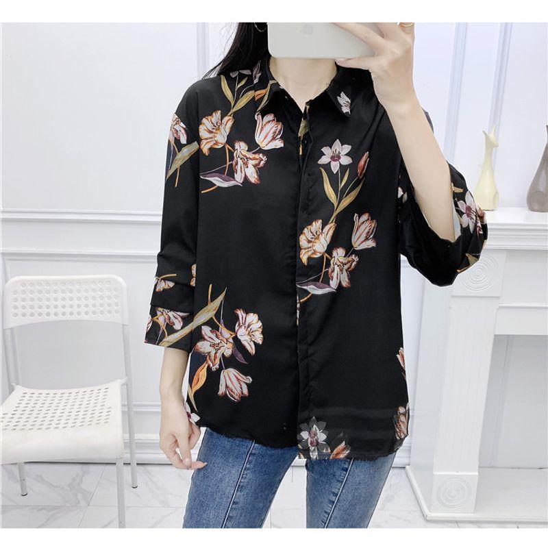 

2023 Женская весенняя одежда Мода K-стиль Свежий принт Элегантный лацкан Однобортный Свободный Легче всего сочетать Нестандартная рубашка Black Print L