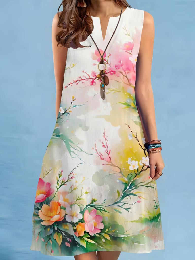 Summer Beach Floral Print Dress For Women Casual Sexy Sleeveless V-neck Loose Mini Dress Elegant Woman Short Dress Vestidos