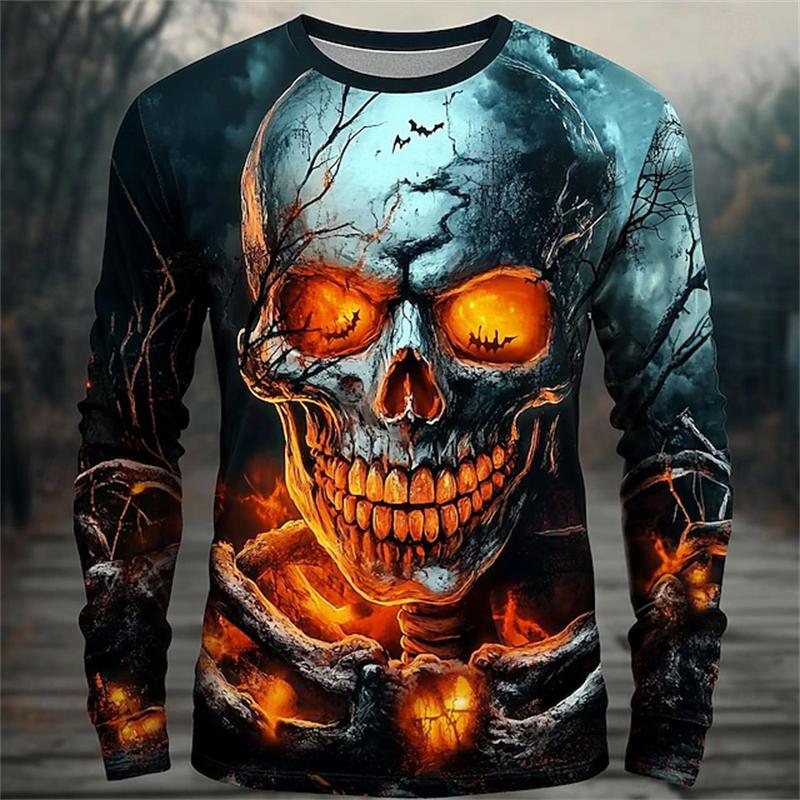 Spring and Autumn Round Neck 3D Skull Printed Top Fashionable Casual Long Sleeved Men's T-shirts