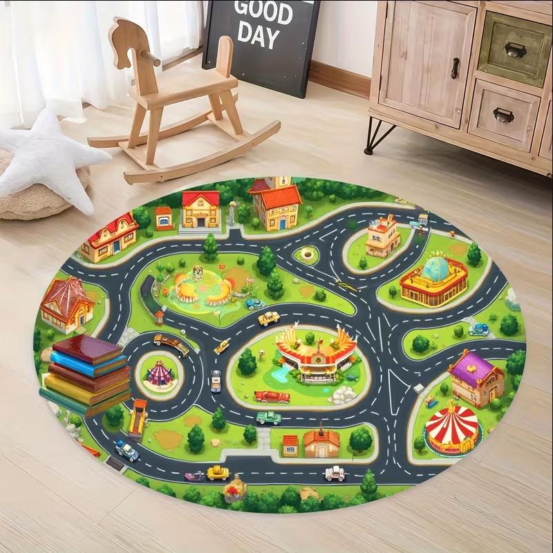 Cartoon Race Track Game Round Rug Carpet Floor Mat Door Mat Entrance Mat for Kids Room Play Room Home Decoration