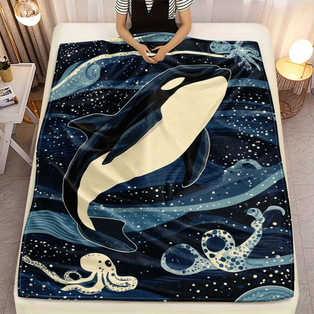 Orca Whale Oceanic Flannel Blanket Soft Lightweight All Season Throw for Sofa Bed Travel Marine Life Design Gift