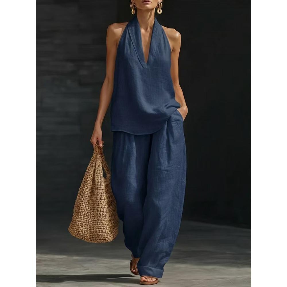 Women's Halter V Neck Loose Fit 2 Piece Outfit Solid Color Sleeveless Top Wide Leg Pants Casual Summer Tracksuit Set