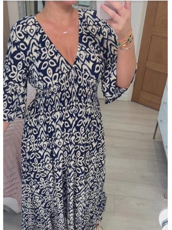 Women's V-neck Floral Dress for Beach Holiday, Digital Print, Loose Fit