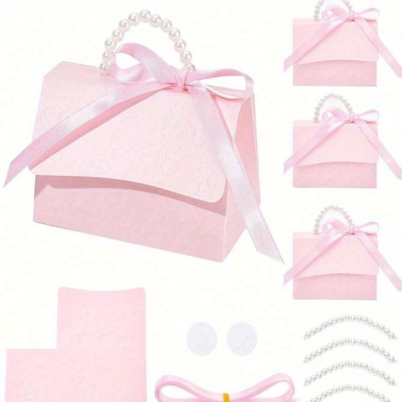 Sacola de Embrulho Simples para Festa, Caixa de Presente de Papel Decorada com Alça de Pérola, Caixa de Embalagem de Presente Rosa Exquisita para Presente de Casamento de Dia dos Namorados