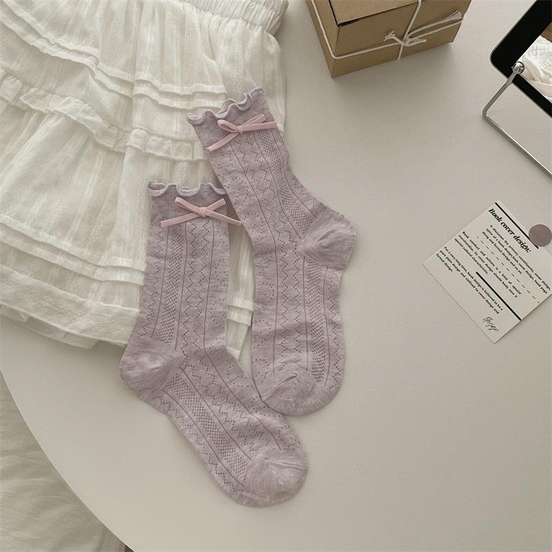 Sweet And Versatile Summer New High-Elastic Cotton Fungus Edge Love Hollow Macaron Bow Thin Socks