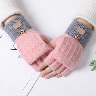 1 Paar Damen-Winterhandschuhe mit umklappbarer Abdeckung, dicke, gestrickte, elastische Anti-Rutsch-Handschuhe in Kontrastfarbe