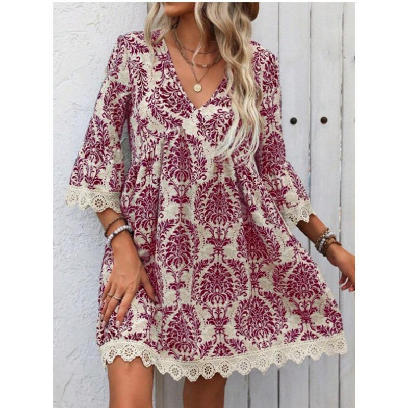 VEZFAA Women's Fashion Summer Spring 1/2 Sleeves V-Neck Loose Waistlinet Casual Dresses
