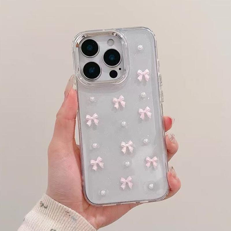 Transparent Glitter Phone Case for IPhone 16 Promax Black Bow for Apple 17 Pearl 13 Women's New Model