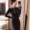 2026 Women's Black Patchwork Polo Collar Knit Dress, Autumn/Winter Long Sleeve, Waist-Cinching Retro Long Skirt.