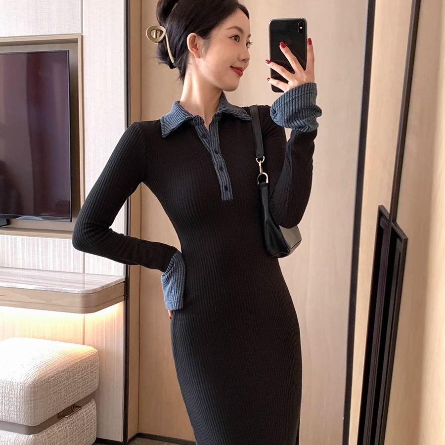 2026 Women's Black Patchwork Polo Collar Knit Dress, Autumn/Winter Long Sleeve, Waist-Cinching Retro Long Skirt.