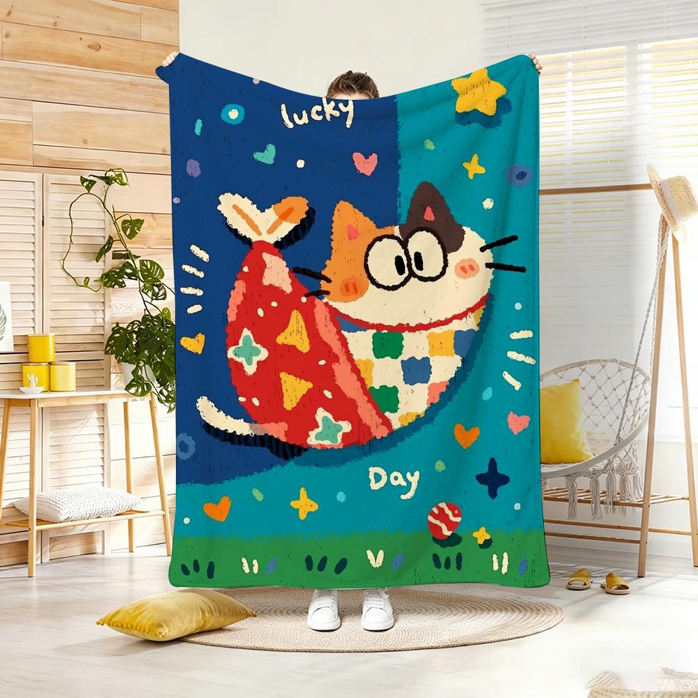 Painting Cute Cat And Fish Throw Lightweight g Flannel Blanket Soft Skinfriendly for Summer Cooling