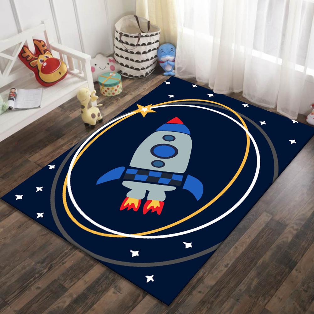 Cartoon Rocket Kids Room Carpet Dinosaur Living Room Area Rug Crystal Velvet Anti-slip Boys Bedroom Rug Children Play Gamer Mat