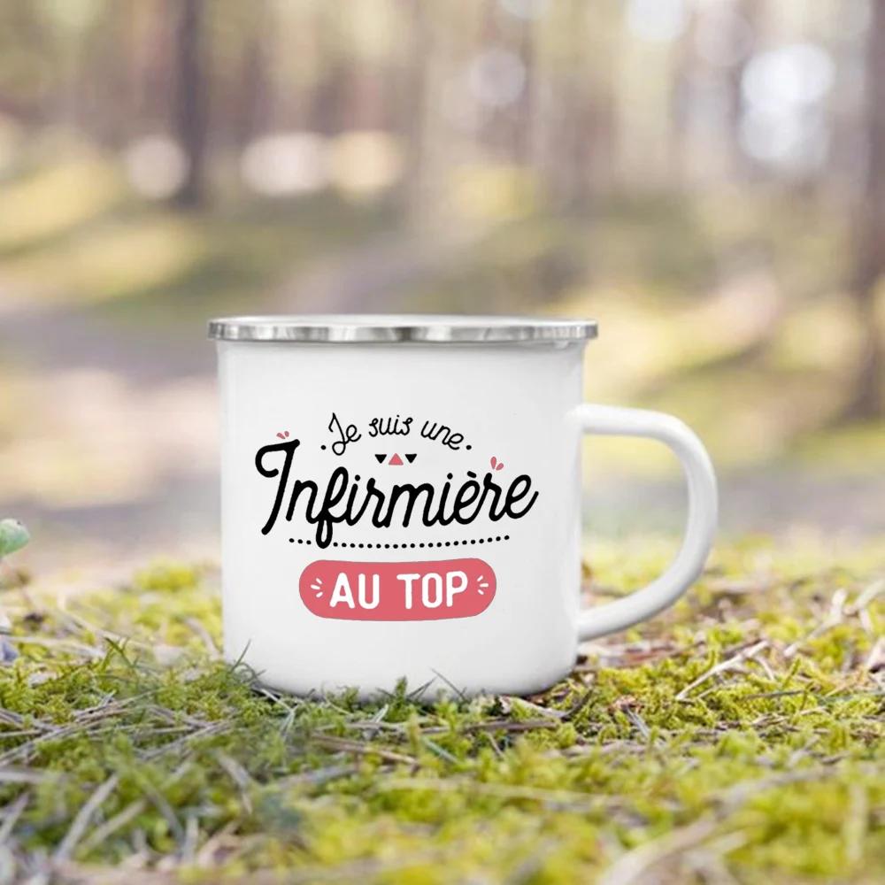 Beste Krankenschwester Französisch Bedruckte Emaille Tassen Kaffeebecher Trinken Wein Saft Tasse Dessert Kakao Milch Henkeltasse Bestes Geschenk für Infirmiere