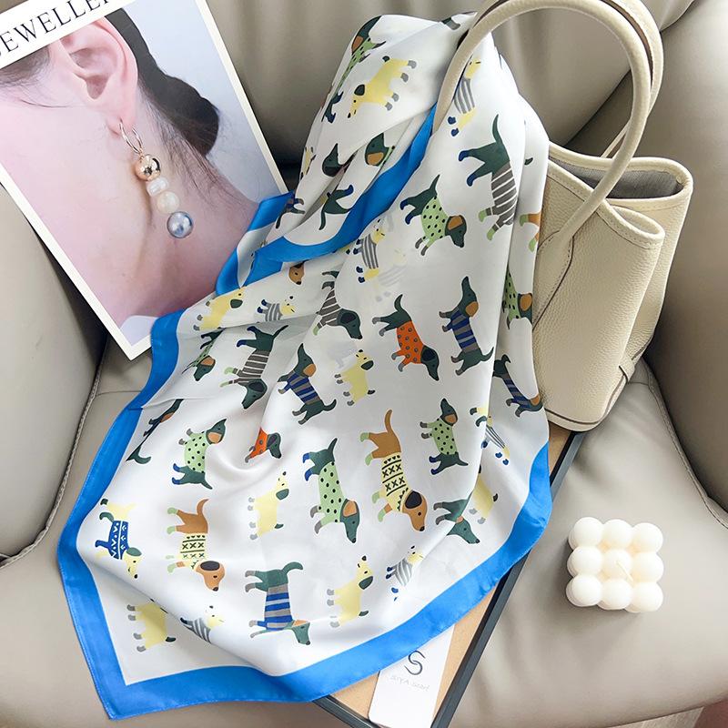 1116 Summer New Cartoon Dog Printed Small Square Scarf Cute Head Scarf Chest Wrap Versatile Korean Silk Scarf Scarf Scarf