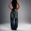 Y2k 2000s Statue of Liberty Diamonds Jeans Casual Denim Pants High Waist Straight Wide Leg Jeans Harajuku Vintage Women Clothing