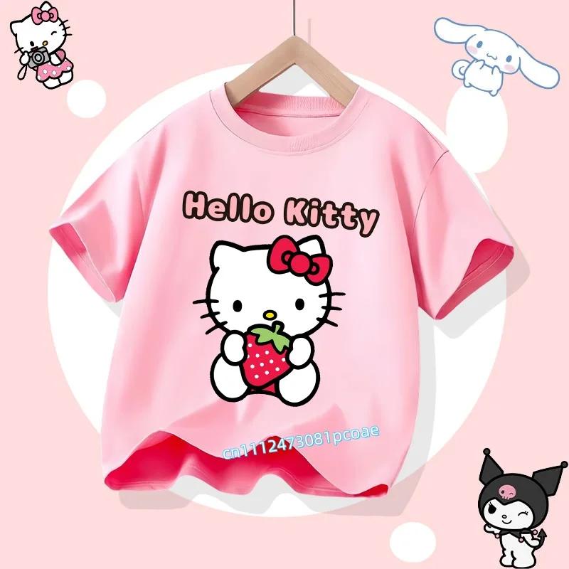 2026 Hello Kitty Summer Tshirt  Cotton ShortSleeved Girls Sportswear with Cartoon Print for Children Aged 112 Years Old