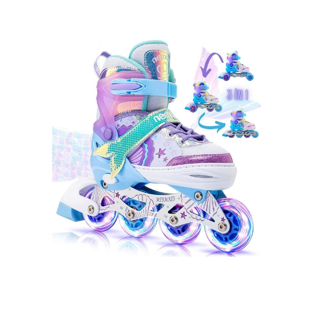 Casco de patinaje luminoso Mermaid, juego de 2 ruedas de silicona para niña, camiseta 3 en 1 con bolsa de transporte