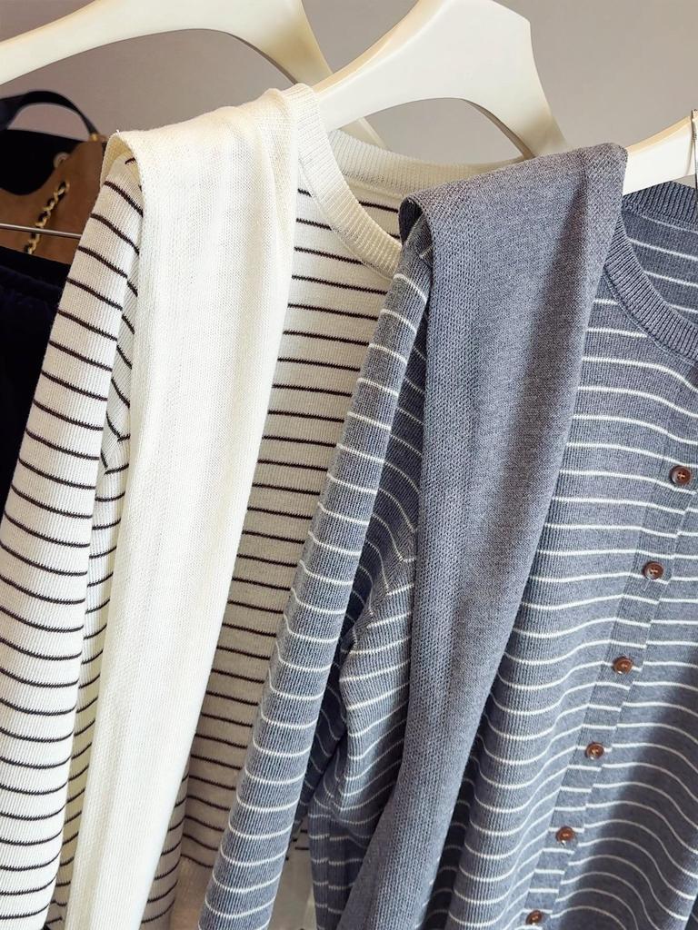 Women's 2025 Spring/Autumn Striped Knitwear Set: Round Neck, Short, Loose-Fit Sweater & Base Shirt.