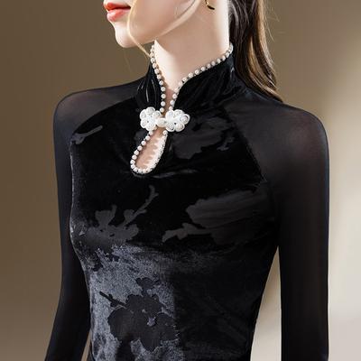 Blusa feminina de outono e inverno com gola alta e botões de pérola, manga comprida e cintura interna