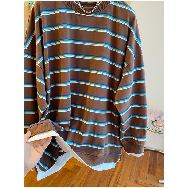 Women Plus Size Casual Loose Striped Fake Two Piece Long Sleeve Daily Sweatshirt