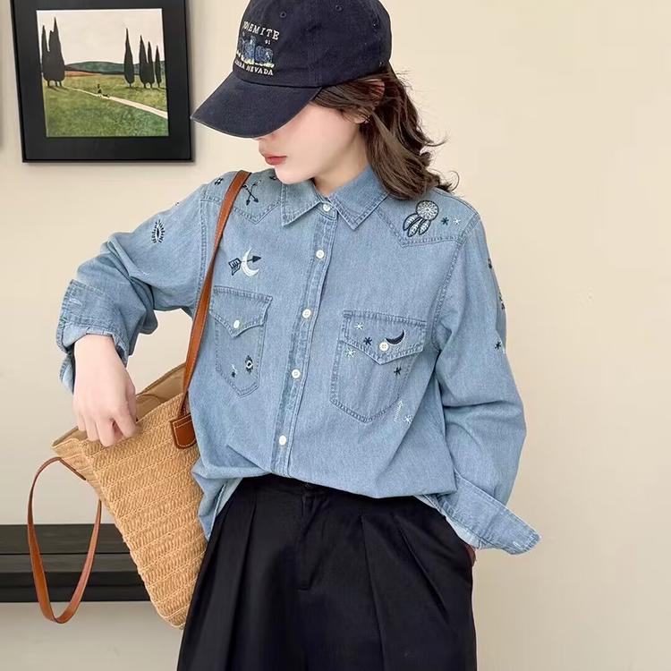 2026 Embroidered Denim Shirt: Versatile Spring/Autumn Women's Fashion Layering Outerwear