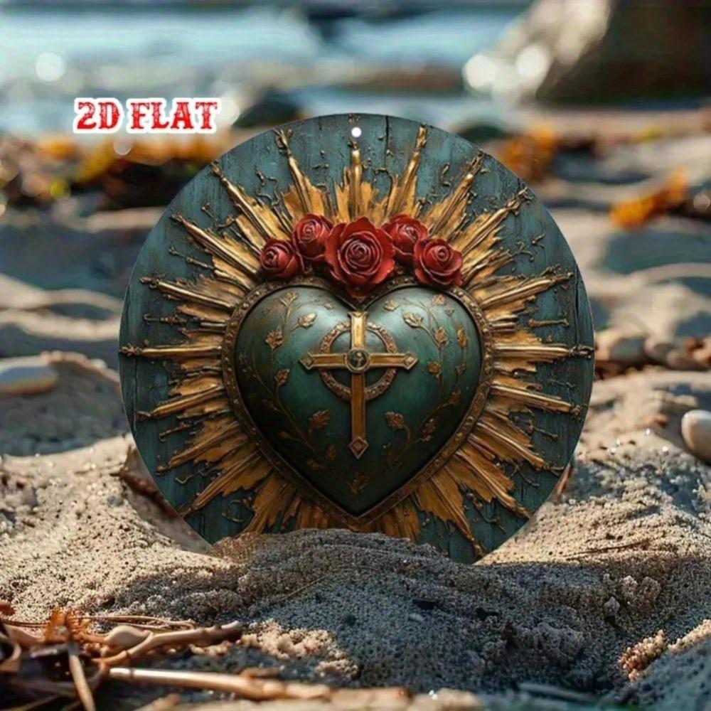 Vintage Metal Wall Art Sacred Heart Cross Sign Rustic Rose Decor for Home Cafe