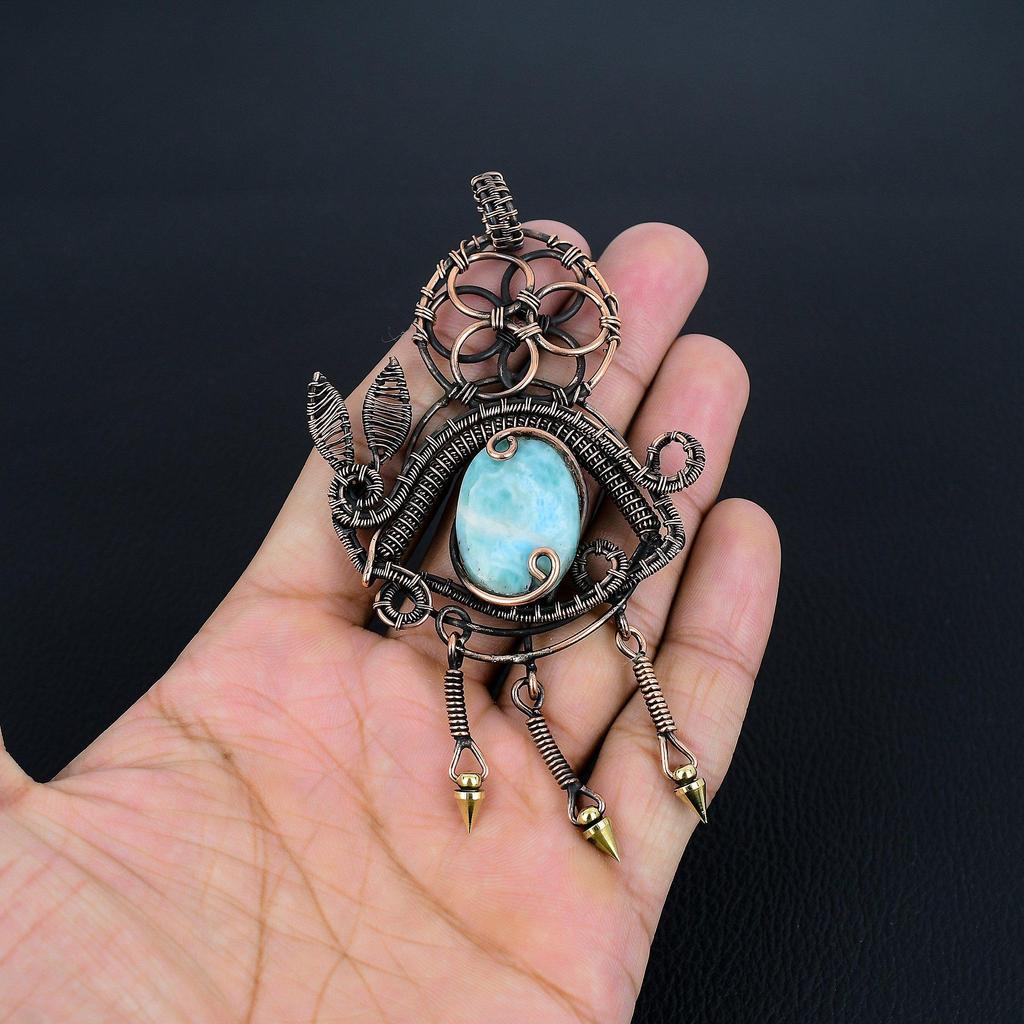 Larimar Pendant Gemstone Jewelry, 999 Copper Wire Wrapped Pendant, Handmade Jewelry Birthstone Pendant, Gift For Him