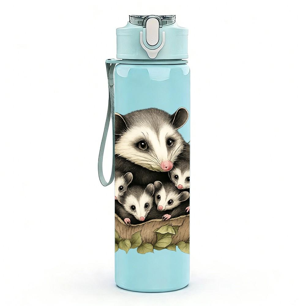 1PC Opossum Floral Portrait Art 750ml Color Plastic Sports Water Bottle Leakproof Flip Straw Lid Suitable for Sports Office Home Use