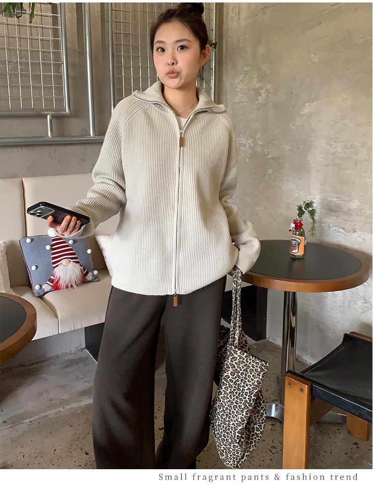 Women's Plus Size Elegant Double Zipper Stand Collar Sweater - Casual Winter Fashion Korean Style Outerwear