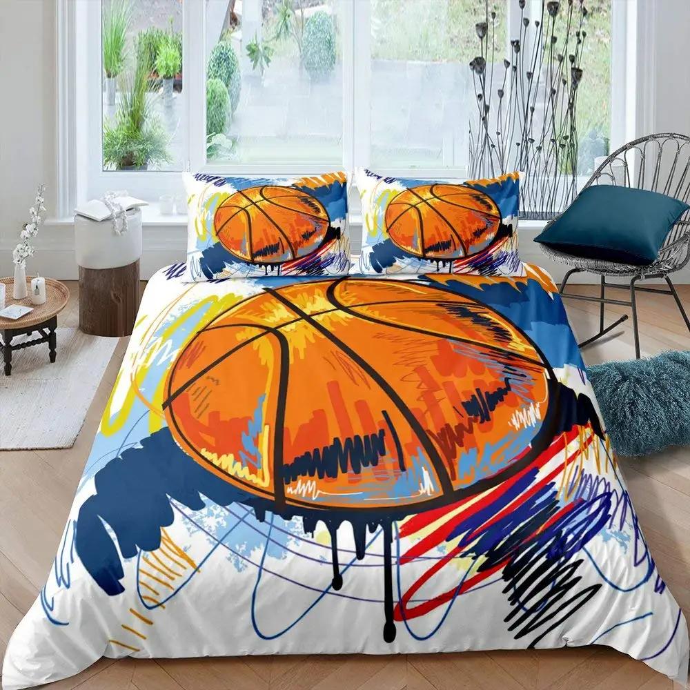 Basketball Duvet Cover Set Black 3D Ball Sports Theme Bedding Set Microfiber Basketball Court Competitive Games King Quilt Cover