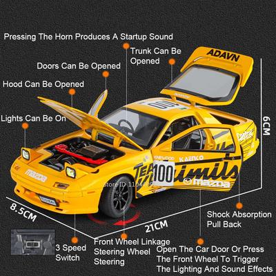 1:24 Scale RX7-FC Alloy Sports Car Model Toy Shock Absorption Sound Light Diecast Metal Vehicle Models Kids Desktop Ornaments