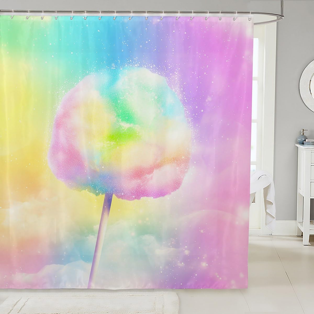 

Girls Colorful Ice Cream Fabric Shower Curtain Dreamy Ice Cream Shower Curtain Girly Rainbow Dessert Curtains,Cartoon Summer 90x180CM