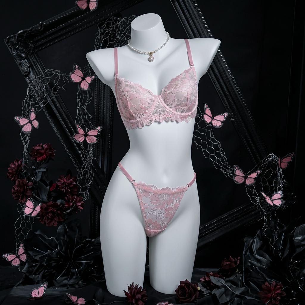 Women S Pink Eyelash Lace Underwire Push Up Semi Sheer Sexy Lingerie Bra Set