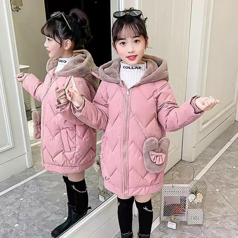 Girls Winter Fashion Cotton Jacket For Children Mid-Length Coat Girl Cotton Padded Jacket With Bag