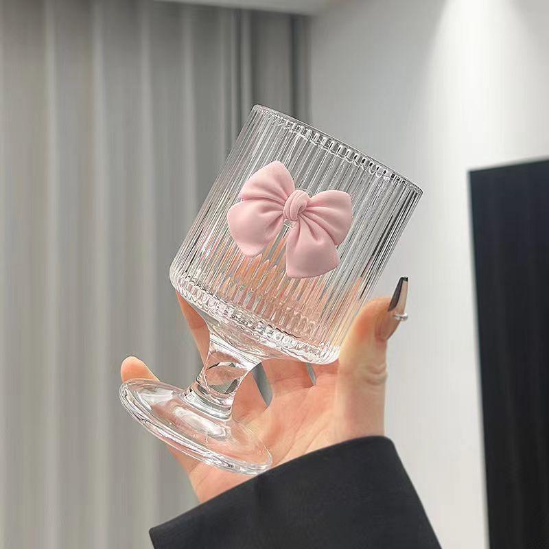 Nordic Style Court Goblet Niche Design Bow Decoration Glass Simple Household Whisky Glass Beverage Juice Dessert Cup Drinkware
