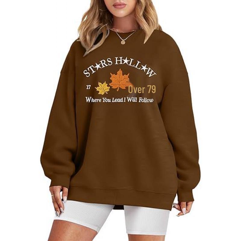 2025 Women's Crew Neck Sweatshirt with Autumn Leaf Pattern Print - New Autumn/Winter Style