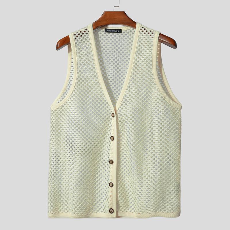 

INCERUN Men V Neck Sleeveless Buttons Up Hollow Beach Tank Tops