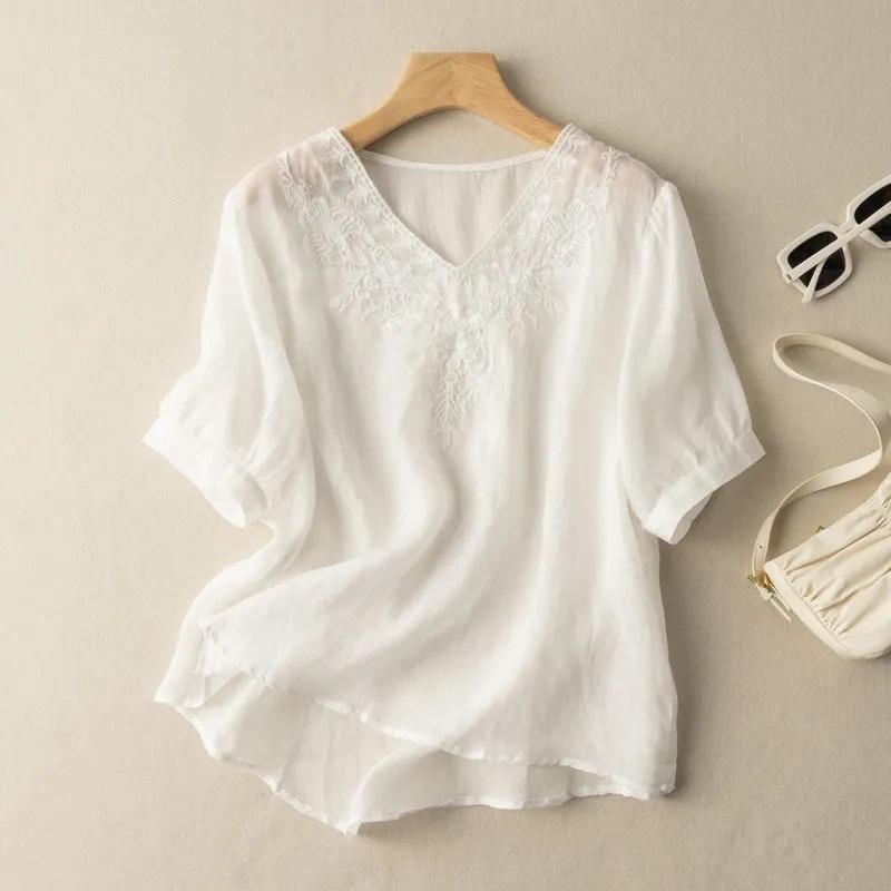 Cotton Linen Short Sleeved T-shirt Summer Outfit V-neck Embroidered Loose Thin Fit Slimming Plus Size Women's Clothing