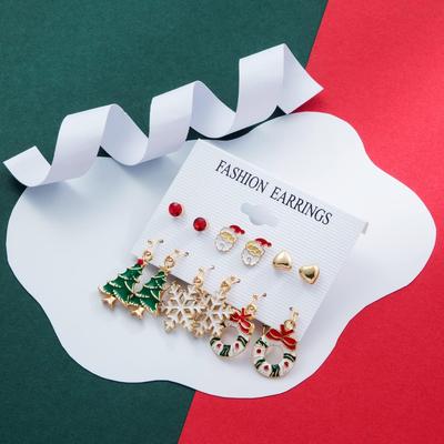6 Paar Weihnachts-Ohrringe für Damen Lustige Feiertags-Weihnachtsstecker Schleife Glocke Süßigkeit Rentier Schneeflocke Weihnachtsmann Baum Emaille Tropfen Hängeohrringe