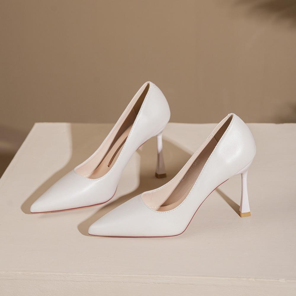 Leather Shoes Women New Nude Color Commuting Professional Pumps Gold Border Strip Comfortable Non Tiring Feet Women's High Heels