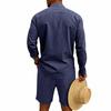 Men's Linen Summer Casual Long-Sleeve Polo Shirt and Shorts Set