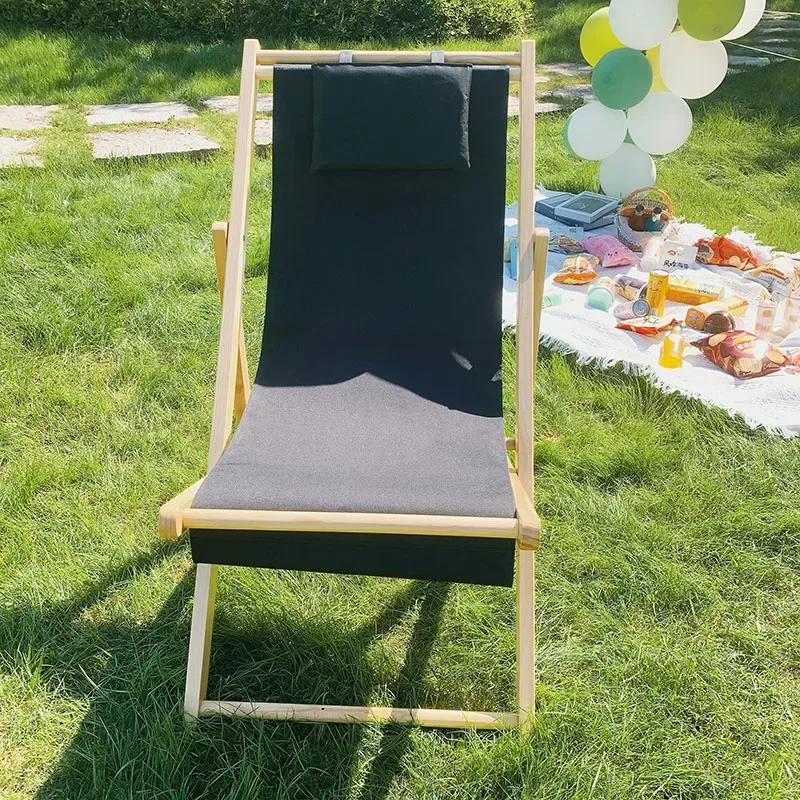 Outdoor Minimalist Beach Chair Modern Luxury Design Wooden Foldable Lounge Oxford Cloth Portable Comfortable Leisure Furniture