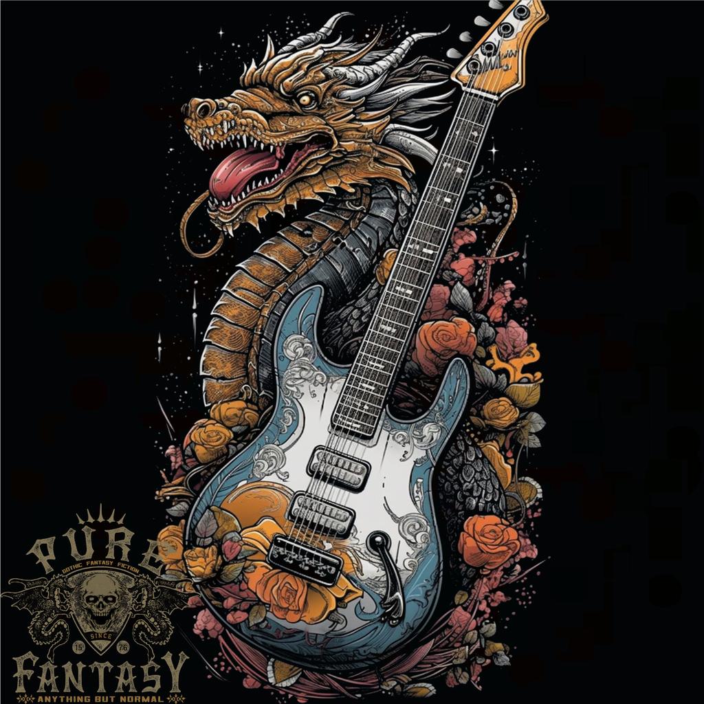 26 A Dragon and Guitar Rock Music Fantasy Mens T-Shirt 100% Cotton Unisex T-Shirt