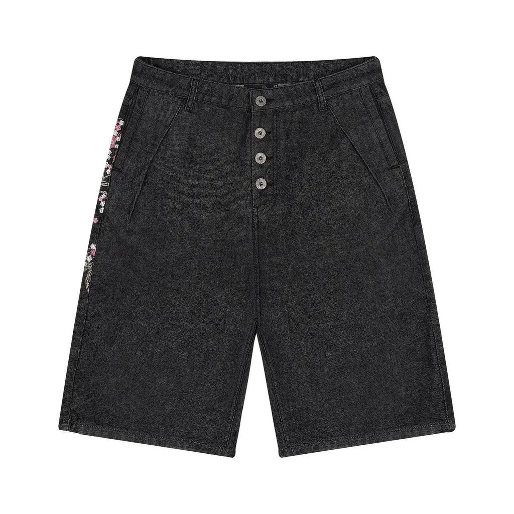 Gotyckie Szorty Jeansowe z Haftem Kwitnącej Wiśni Y2K Męskie Damskie Hip Hop Retro Czarne Luźne Szorty Niskie Spodnie za Kolano