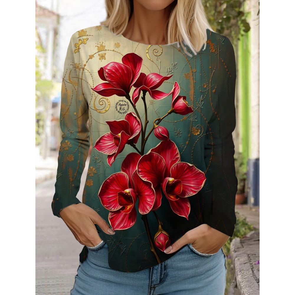 Colorful Floral 3d Print Long SleeveT-Shirt Casual Women Clothing Long Sleeve T-shirt Fashion Oversized Tops Tees Female